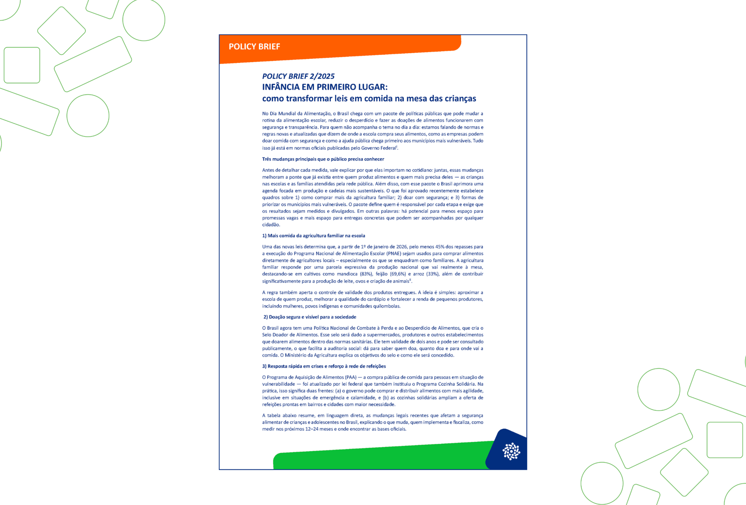 INFÂNCIA EM PRIMEIRO LUGAR: Como transformar leis em comida na mesa das crianças (Policy Brief 2)
